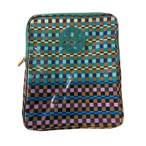 Tory Burch iPad Case Women's Medium Checkered Plaid Zip Vinyl Logo Pouch Sleeve